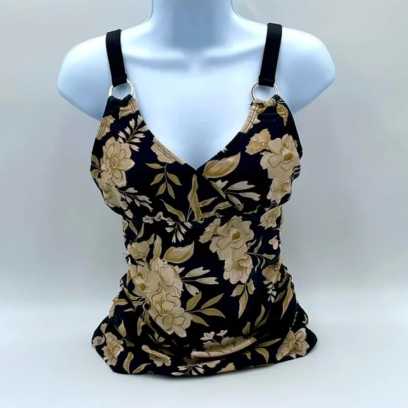 CUPSHE Floral Black Tankini Swimsuit V Neck Adjustable Strap Mid Rise - Picture 5 of 16